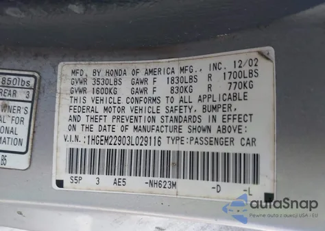 2003 Honda Civic Ex из США, поврежденный, VIN 1HGEM22903L029116